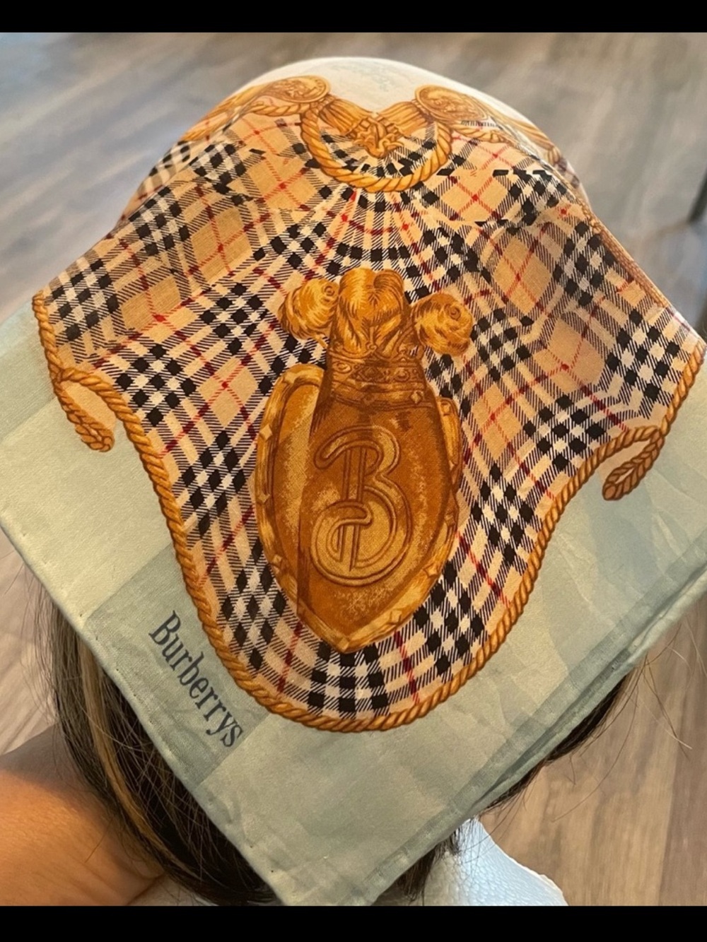 Burberry Light Blue Tan & Black Plaid Crest Silk Scarf new scarf